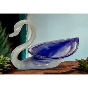 Vintage Ozark Art Glass Swan Handmade Blown Swirl Candy Nut Dish Bowl Decor (A)